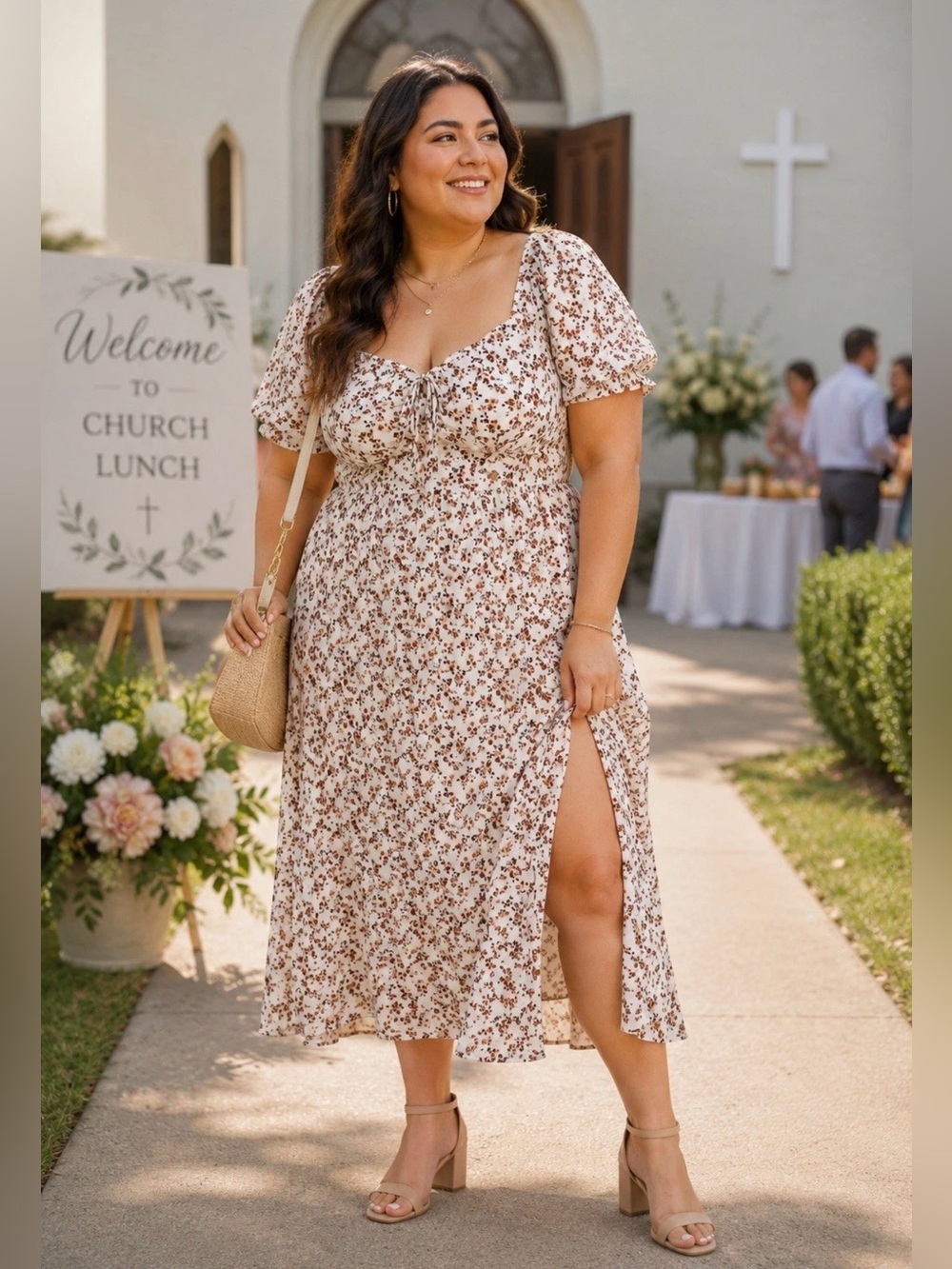 Madden Girl Cream Floral Puff-Sleeve Midi Dress with Side Slit